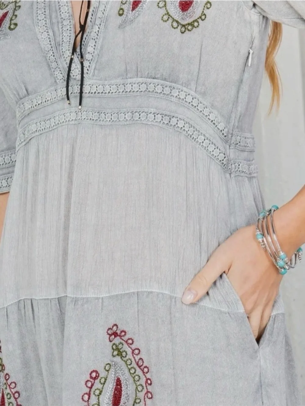NEW!! Young Threads Boho Embroidered Gray Maxi Dress, Sz XL, NWT - Picture 4 of 5